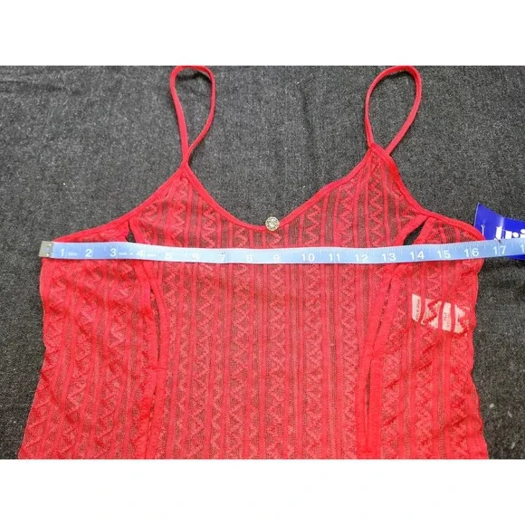 Vintage 80s 90s Red Mesh Geometric Double Slit Nightgown Lingerie Long Sheer M‎